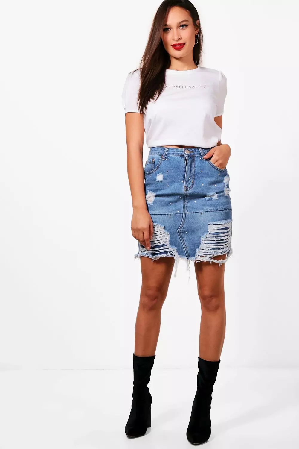 Boohoo distressed 2024 denim skirt